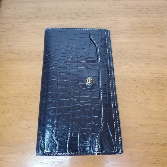 Etienne Aigner Black Leather Croc Print Wallet Vintage Card Holder Check Book - Picture 7 of 7